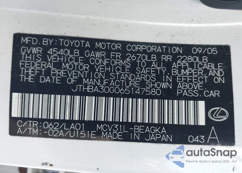 2006 Lexus Es 330 из США, поврежденный, VIN JTHBA30G065147580